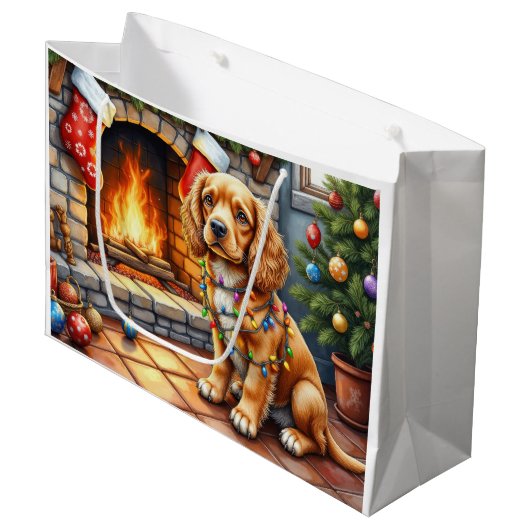 Cocker Spaniel am Kamin mit Weihnachtslichtern Große Geschenktüte (Vorderseite Schrägansicht)
