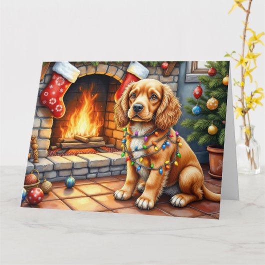 Cocker Spaniel am Kamin mit Weihnachtslichtern Karte (Gelbe Blume)