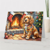 Cocker Spaniel am Kamin mit Weihnachtslichtern Karte (Vorderseite)