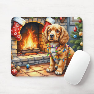 Cocker Spaniel am Kamin mit Weihnachtslichtern Mousepad