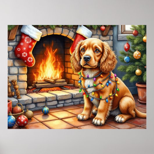 Cocker Spaniel am Kamin mit Weihnachtslichtern Poster (Vorne)