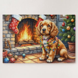 Cocker Spaniel am Kamin mit Weihnachtslichtern Puzzle