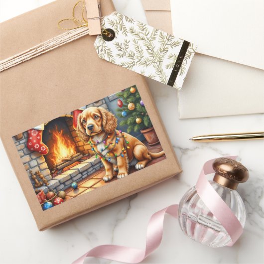 Cocker Spaniel am Kamin mit Weihnachtslichtern Rechteckiger Aufkleber (Schenken)