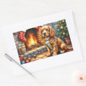Cocker Spaniel am Kamin mit Weihnachtslichtern Rechteckiger Aufkleber (Umschlag)