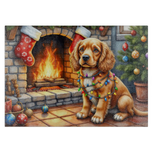 Cocker Spaniel am Kamin mit Weihnachtslichtern Schneidebrett