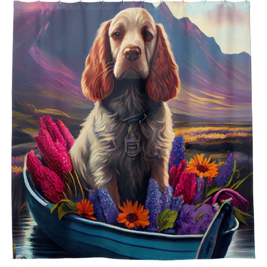 Cocker Spaniel auf einem Paddle: Ein Landschaftlic Duschvorhang (Vorderseite)