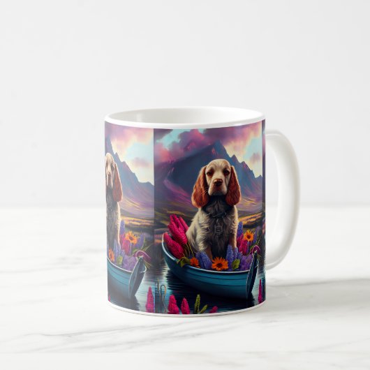 Cocker Spaniel auf einem Paddle: Ein Landschaftlic Kaffeetasse (VorderseiteRechts)