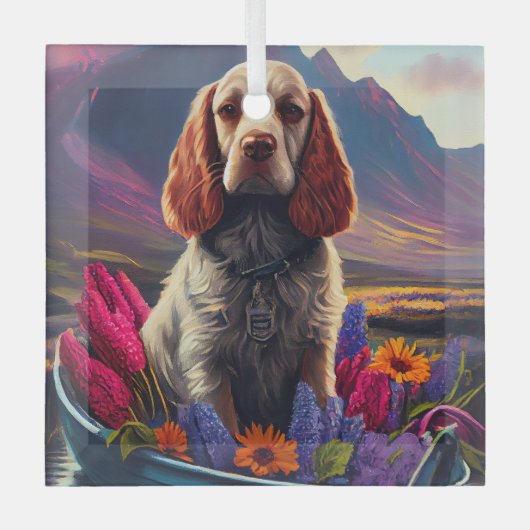 Cocker Spaniel auf einem Paddle: Ein Landschaftlic Ornament Aus Glas (Vorderseite)