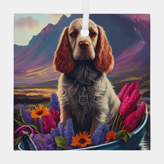 Cocker Spaniel auf einem Paddle: Ein Landschaftlic Ornament Aus Glas (Rückseite)