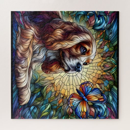 Cocker spaniel, aus Hartglas, lebhaft gelb, blau Puzzle (Horizontal)