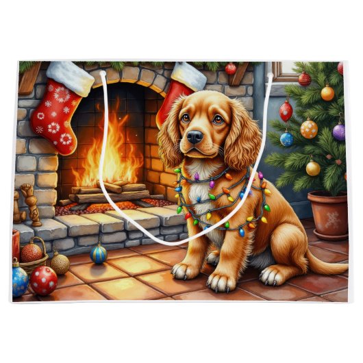 Cocker Spaniel by Fireplace with Christmas Lights Große Geschenktüte (Vorderseite)