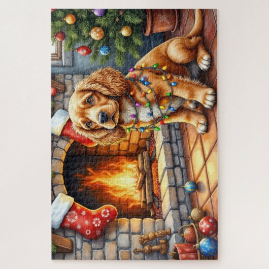Cocker Spaniel by Fireplace with Christmas Lights Puzzle (Vertikal)