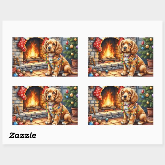 Cocker Spaniel by Fireplace with Christmas Lights Rechteckiger Aufkleber (Blatt)