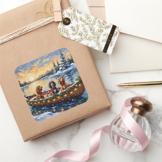 Cocker Spaniel Christmas Boat Holiday Quadratischer Aufkleber (Schenken)