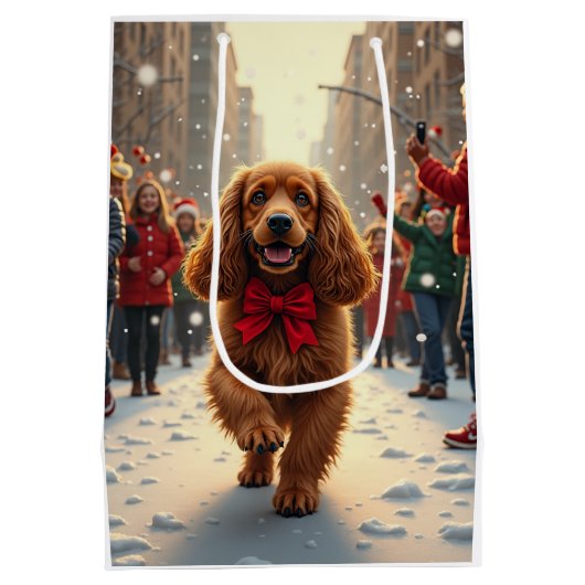 Cocker Spaniel Christmas Parade Holiday Painting Mittlere Geschenktüte (Rückseite)
