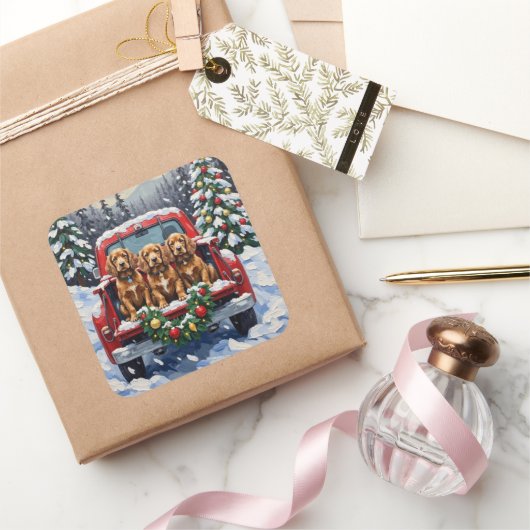 Cocker Spaniel Christmas Red Truck Holiday Quadratischer Aufkleber (Schenken)