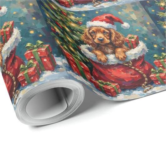Cocker Spaniel Christmas Santa Bag Adventure Geschenkpapier (Rolleneckpunkt)