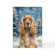 Cocker Spaniel Dog and Blue Winter Pine Forest