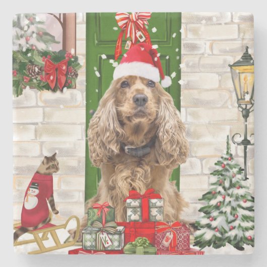 Cocker Spaniel Dog Christmas Steinuntersetzer (Vorderseite)