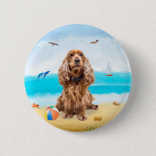 Cocker Spaniel Dog on Beach Button