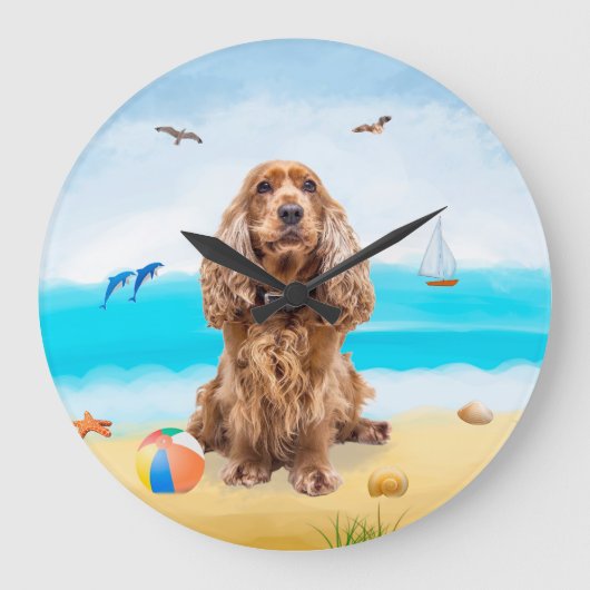 Cocker Spaniel Dog on Beach Große Wanduhr (Vorderseite)