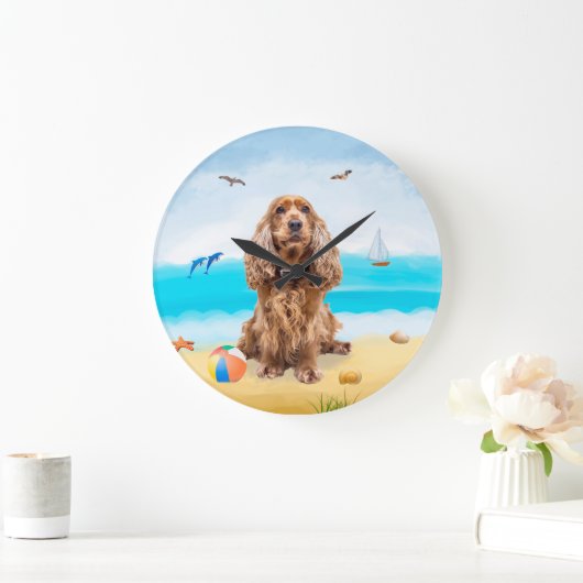 Cocker Spaniel Dog on Beach Große Wanduhr (Zuhause)
