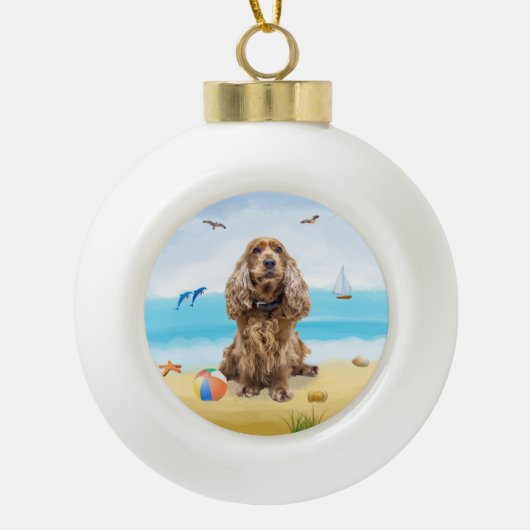 Cocker Spaniel Dog on Beach Keramik Kugel-Ornament (Vorderseite)