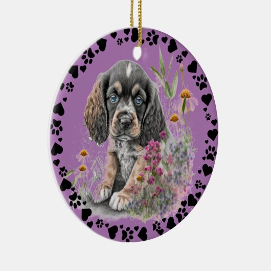 Cocker Spaniel Dog Paw Hearts Foto Lavender Keramik Ornament (Rechts)