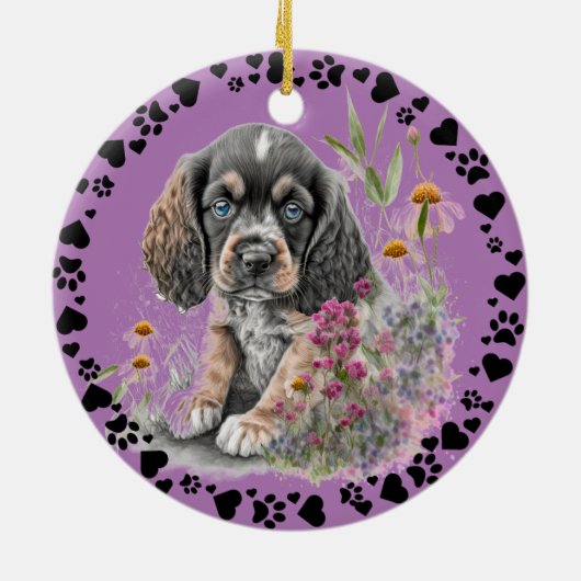 Cocker Spaniel Dog Paw Hearts Foto Lavender Keramik Ornament (Hinten)