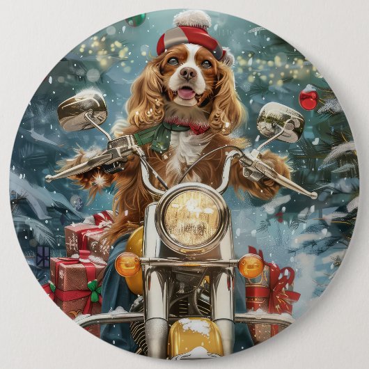 Cocker Spaniel Dog Riding Motorrad Weihnachten Button (Vorderseite)