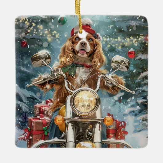 Cocker Spaniel Dog Riding Motorrad Weihnachten Keramikornament (Vorderseite)