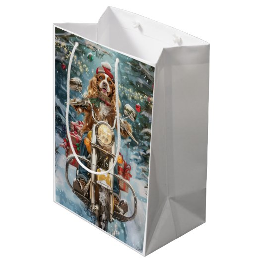 Cocker Spaniel Dog Riding Motorrad Weihnachten Mittlere Geschenktüte (Rückseite Schrägansicht)