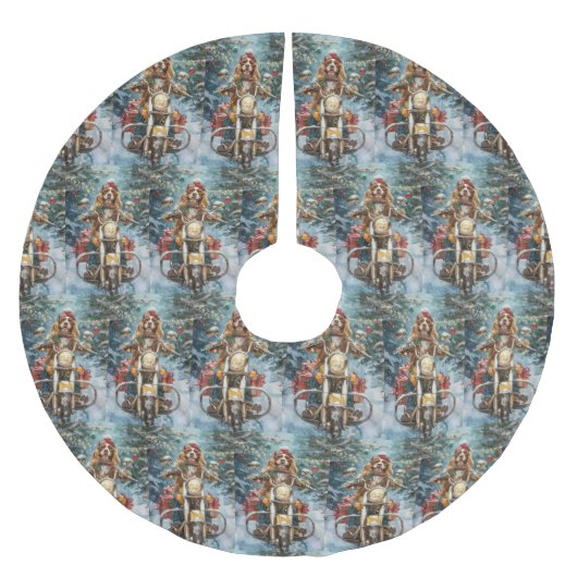 Cocker Spaniel Dog Riding Motorrad Weihnachten Polyester Weihnachtsbaumdecke (Vorderseite)