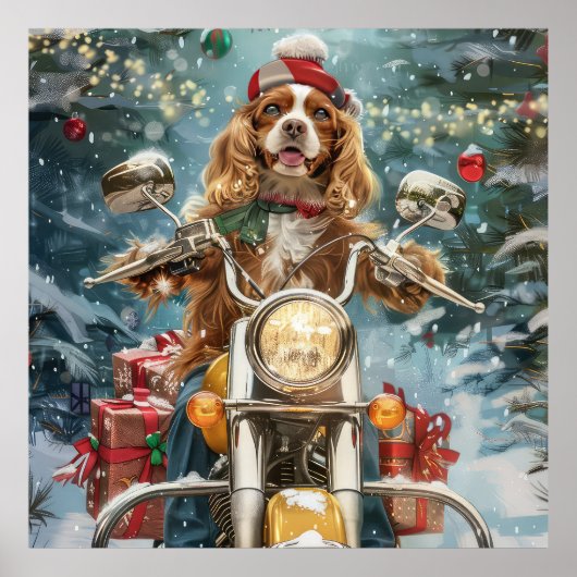 Cocker Spaniel Dog Riding Motorrad Weihnachten Poster (Vorne)