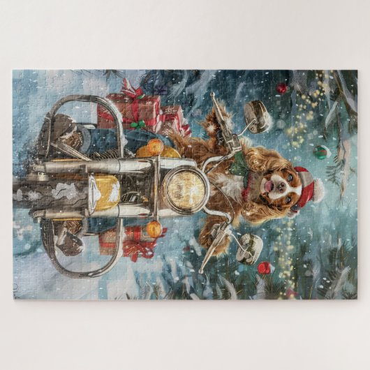 Cocker Spaniel Dog Riding Motorrad Weihnachten Puzzle (Horizontal)