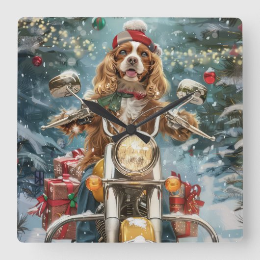 Cocker Spaniel Dog Riding Motorrad Weihnachten Quadratische Wanduhr (Vorderseite)