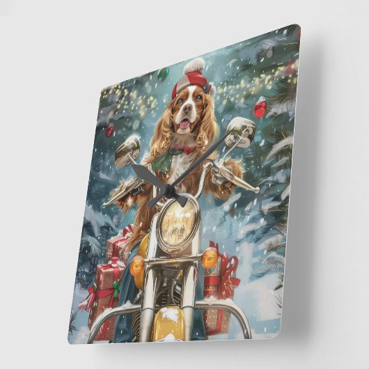 Cocker Spaniel Dog Riding Motorrad Weihnachten Quadratische Wanduhr (Winkel)