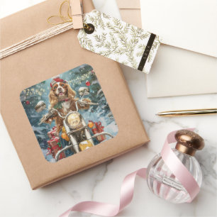 Cocker Spaniel Dog Riding Motorrad Weihnachten Quadratischer Aufkleber