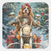 Cocker Spaniel Dog Riding Motorrad Weihnachten Quadratischer Aufkleber (Vorderseite)