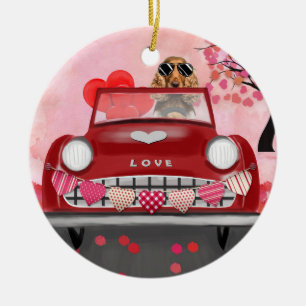 Cocker Spaniel fährt Auto mit Herzen Valentinstag Keramik Ornament