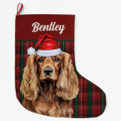 Cocker Spaniel Green and Red Plaid with Dog's Name Großer Weihnachtsstrumpf (Vorderseite)