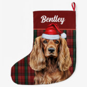 Cocker Spaniel Green and Red Plaid with Dog's Name Großer Weihnachtsstrumpf (Rückseite)