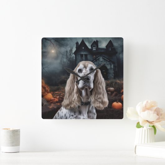 Cocker Spaniel Halloween Beängstigend Quadratische Wanduhr (Zuhause)