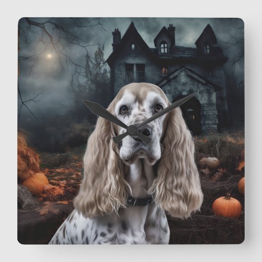 Cocker Spaniel Halloween Beängstigend Quadratische Wanduhr (Vorderseite)
