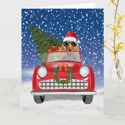 Cocker Spaniel Hund Autofahren Auto in Schnee Weih Karte (Gelbe Blume)