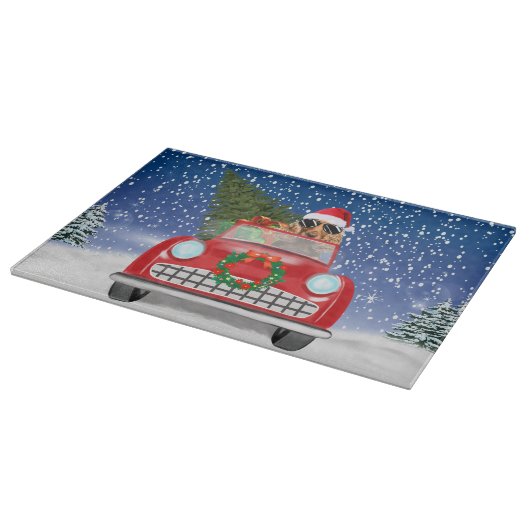 Cocker Spaniel Hund Autofahren Auto in Schnee Weih Schneidebrett (Ecke)