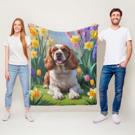 Cocker Spaniel Hund Frühlingsblumen Malerei Fleecedecke (Beispiel)