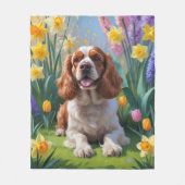 Cocker Spaniel Hund Frühlingsblumen Malerei Fleecedecke (Vorderseite)