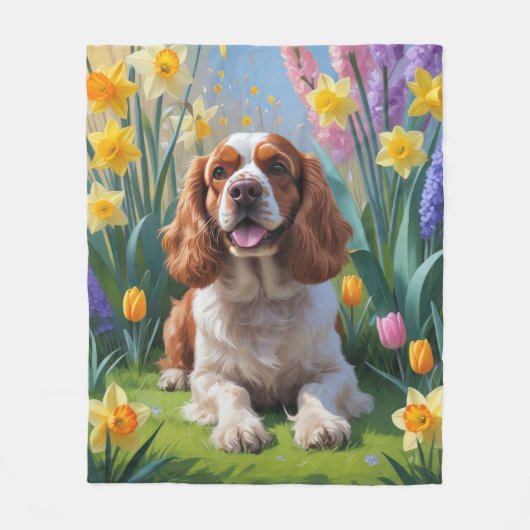 Cocker Spaniel Hund Frühlingsblumen Malerei Fleecedecke (Vorderseite)