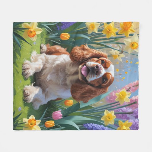 Cocker Spaniel Hund Frühlingsblumen Malerei Fleecedecke (Vorderseite (Horizontal))